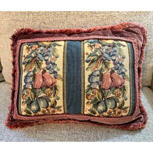 Vintage Fruit and Floral Needlework Decorative Throw Pillow  16 x 12" Fringe Tri